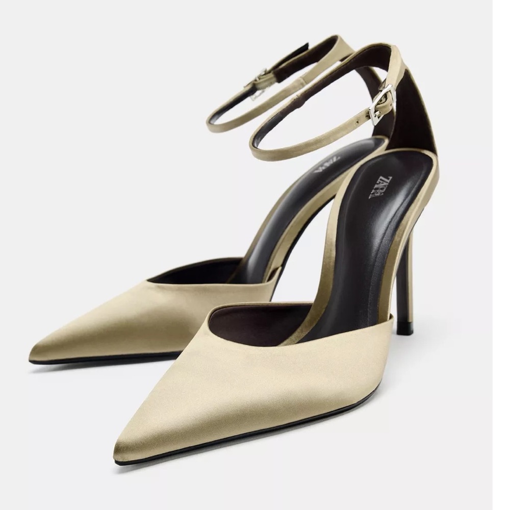 Zara NWT olive / taupe /champagne ankle strap heels pointed toe satin heels